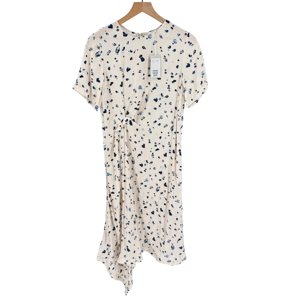 COS Pebble Print Midi Dress Size 8 Cream Blue Asymmetric Hem Scandi Style Modern